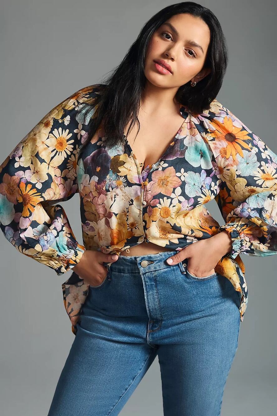 NWT Anthropologie Moxy Collective 100% Linen Floral Boho Blouse Size Medium
